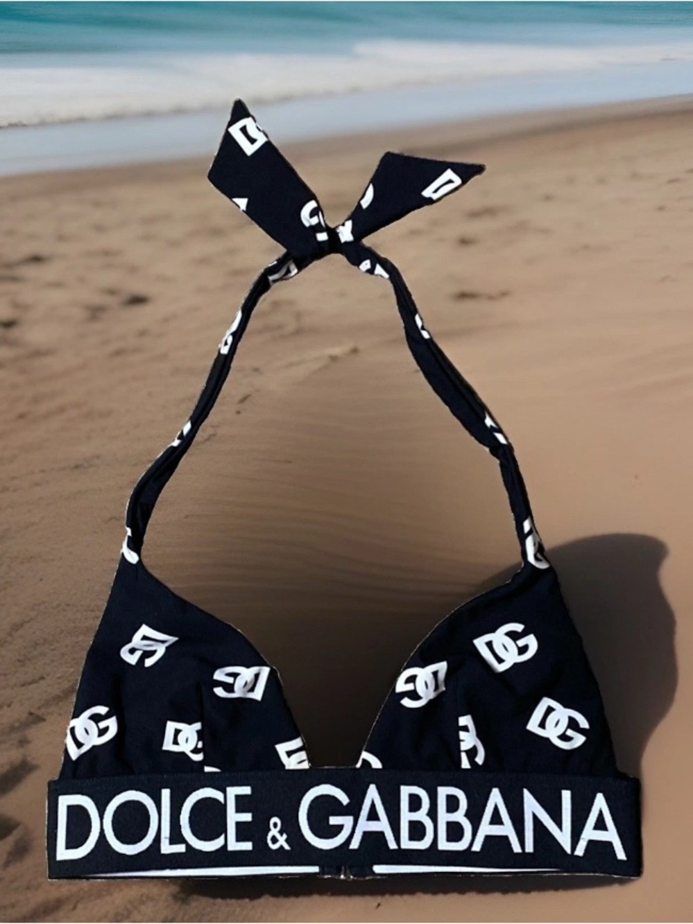 Dolce & Gabbana Women's Size 2 Black And White DC Print Triangle Bikini Top